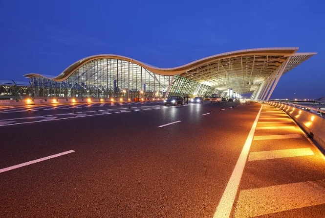 Pudong Airport at night.