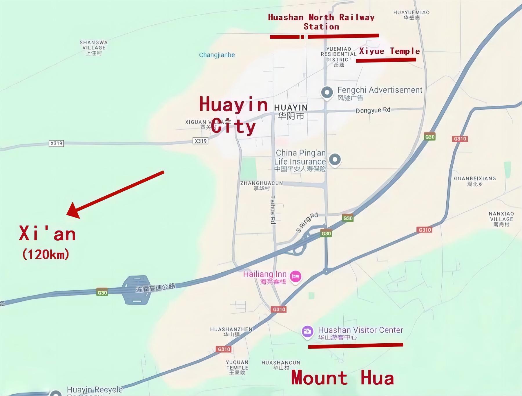 Map Marking of Huashan Mountain Visitor Center and Huashan North Station