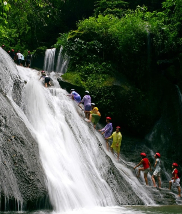 Tourists climbing Gudong Waterfall