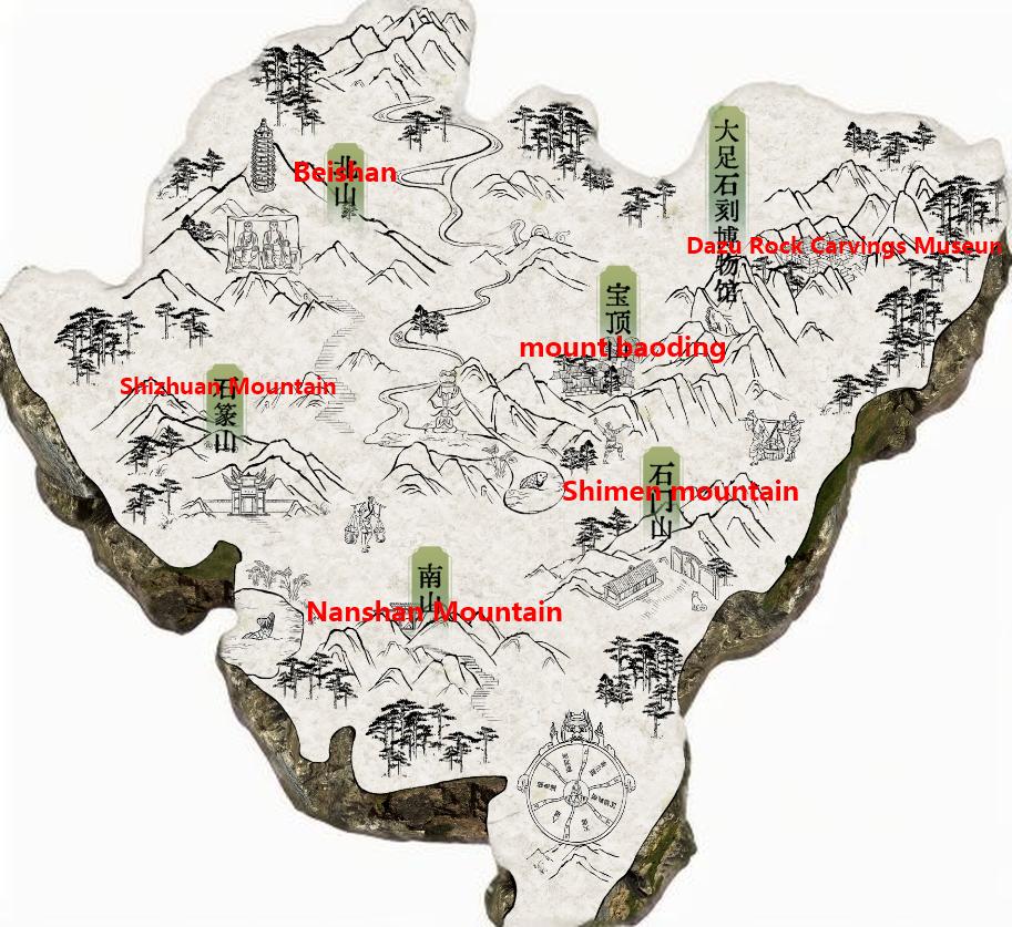 Location Map of the "Five Mountains" in Dazu Rock Carvings Scenic Spots