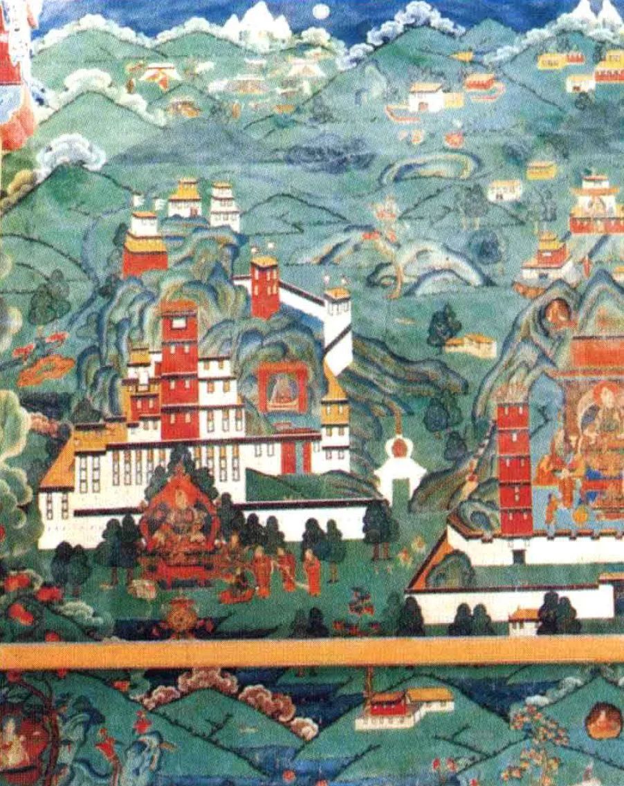 The image of the Potala Palace during the period of Songtsen Gampo. Note: According to the "Catalogue of Lhasa", this picture was originally a mural in the Jokhang Temple, but it was blackened by lamp smoke due to years